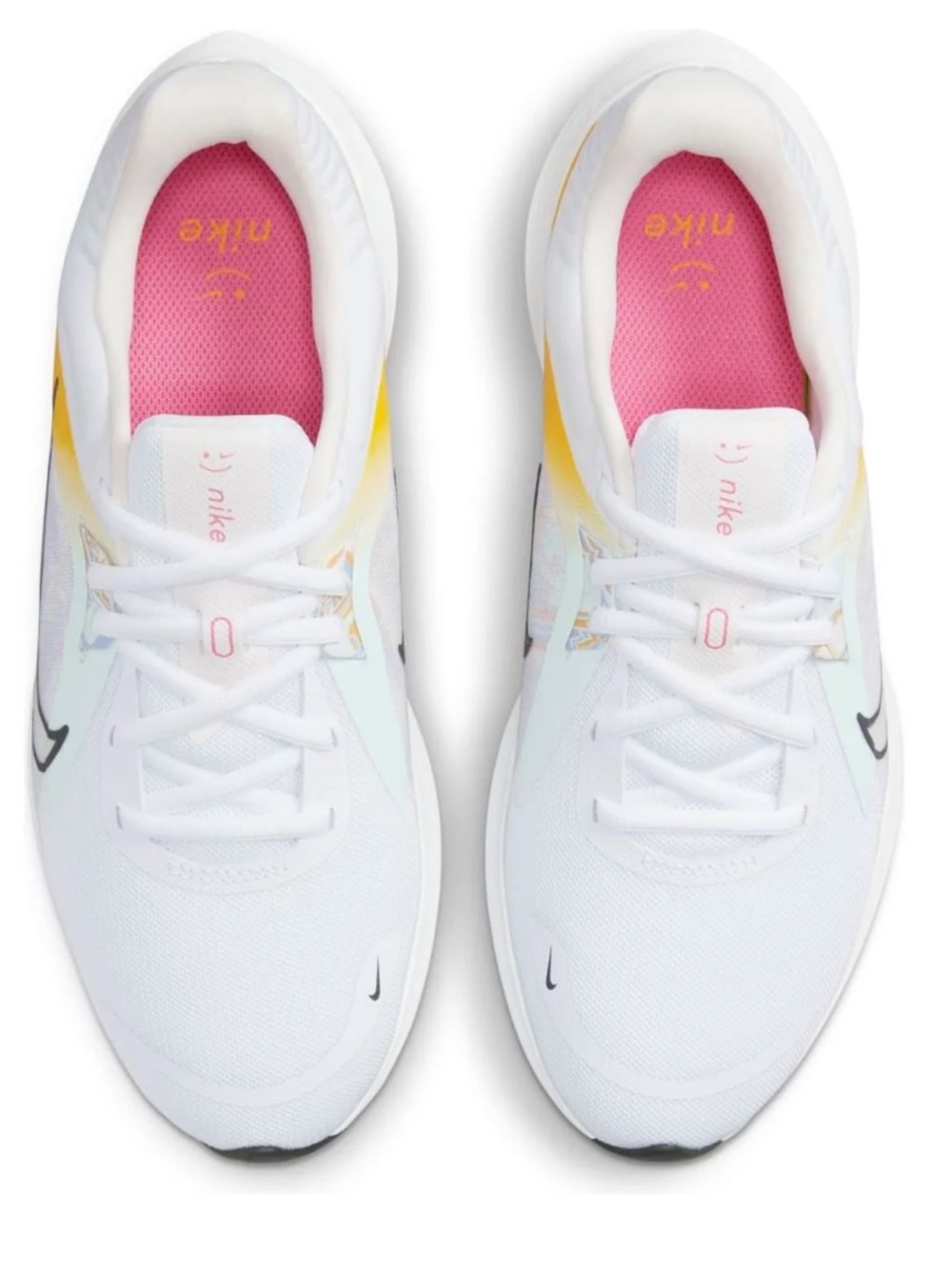 Nike Quest 5 Premium running shoes in white, university gold, and pinksicle